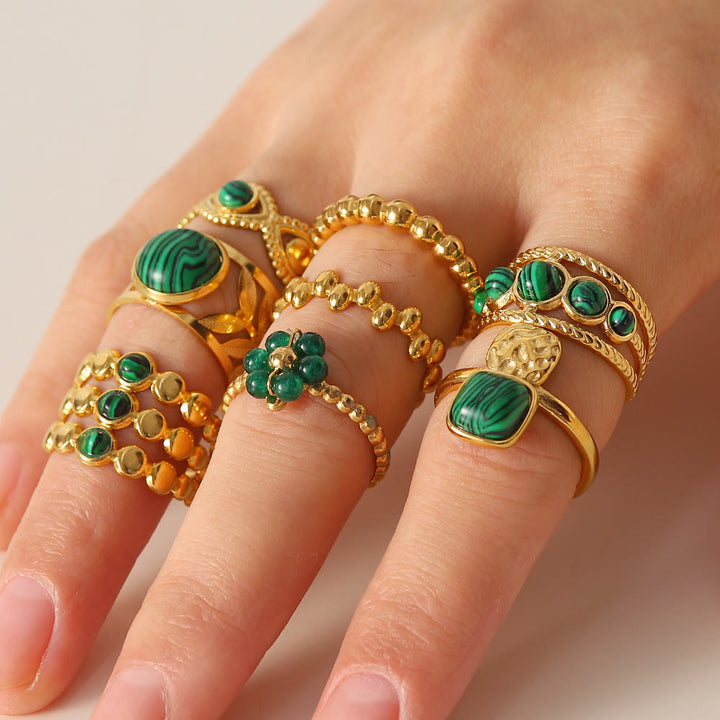 Olivenorma Anello aperto in malachite naturale verde oro