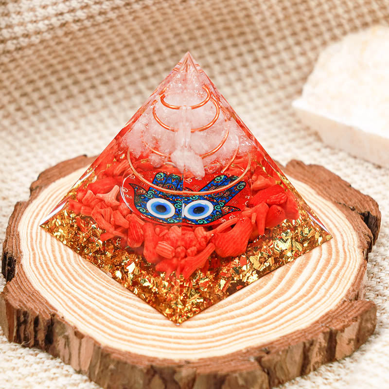 Olivenorma Clear Quartz con Hamsa di corallo rosso e piramide di orgone con occhio maligno 