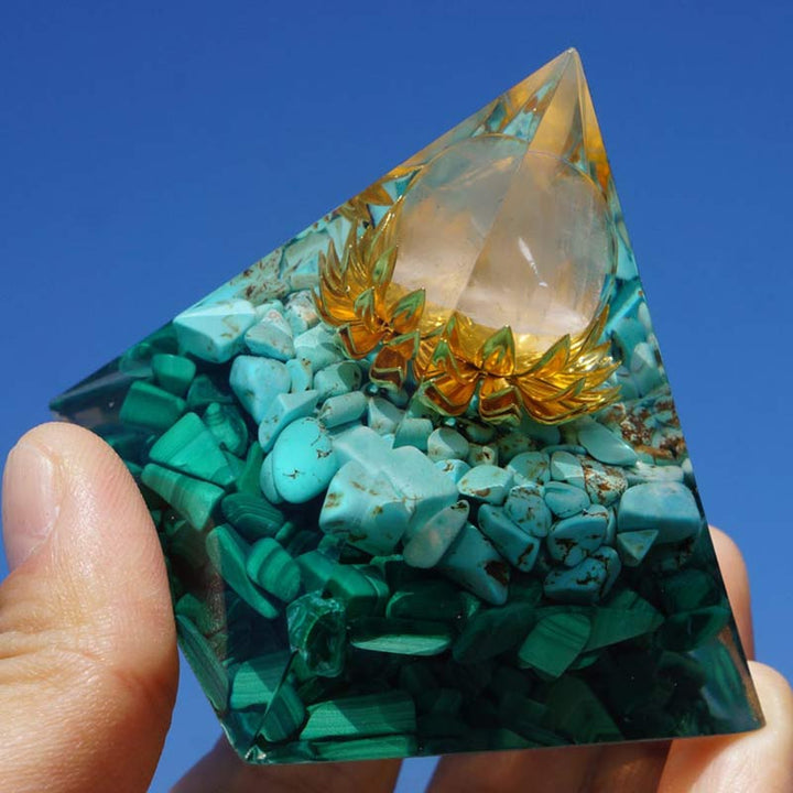 Olivenorma Cristallo Trasparente Turchese Malachite Simbolo Loto Piramide Orgonica