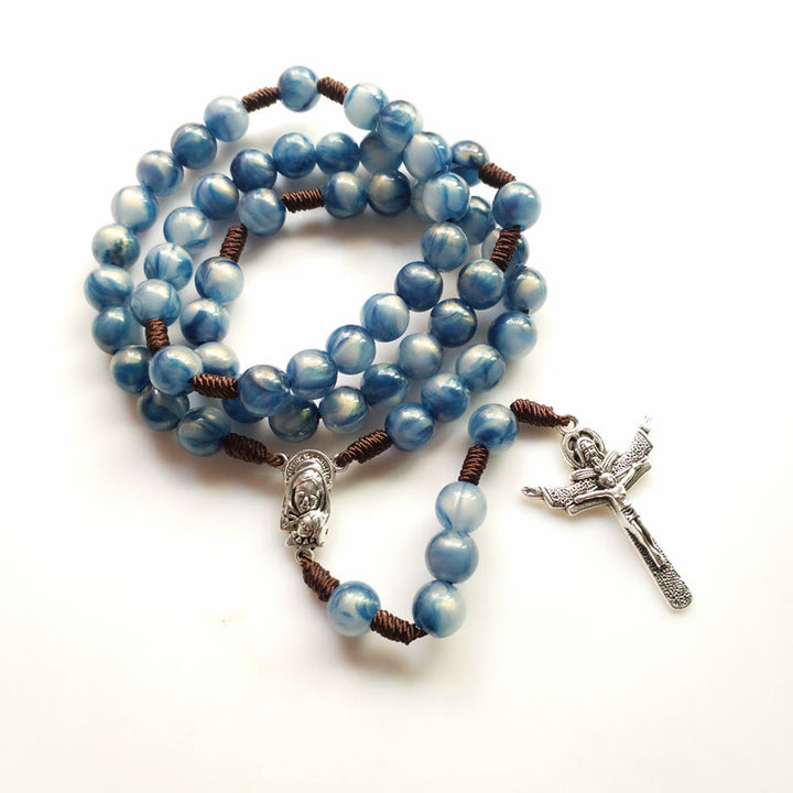 Collana rosario con croce di Gesù in pietra occhio di gatto blu Olivenorma