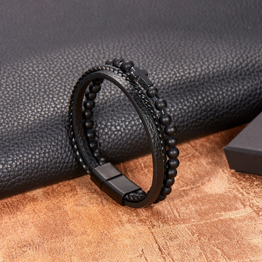 Bracciale da uomo in pelle intrecciata con perline di pietra naturale Olivenorma