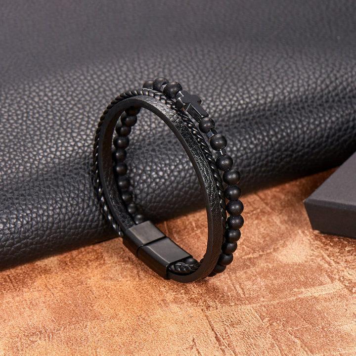 Bracciale da uomo in pelle intrecciata con perline di pietra naturale Olivenorma