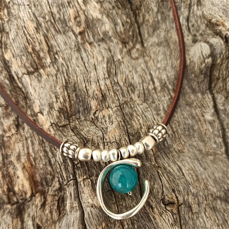 Collana in corda di pelle con ciondolo a mezzo anello in acquamarina Olivenorma - image 2