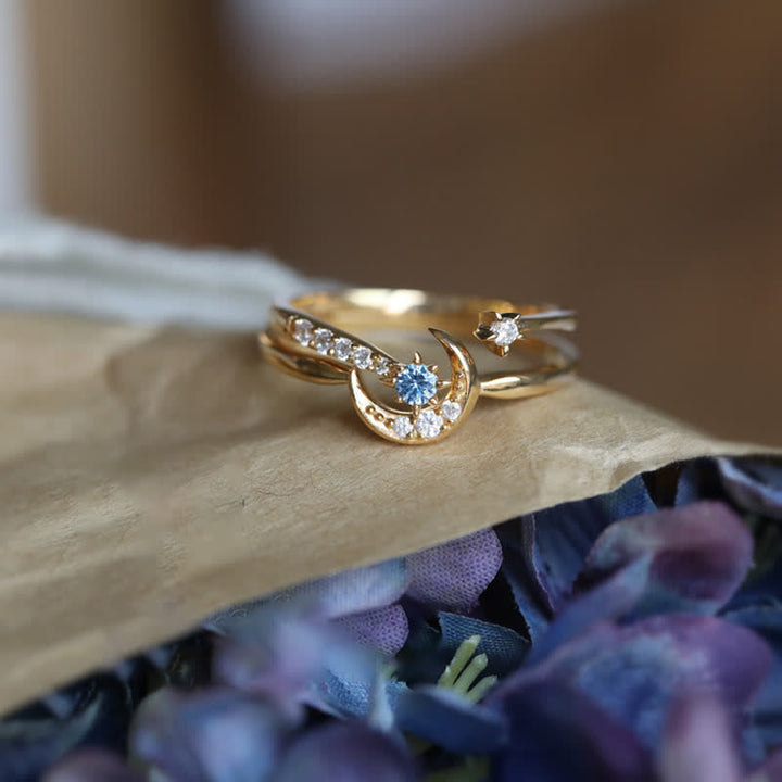 Anello con zirconi luna e stella