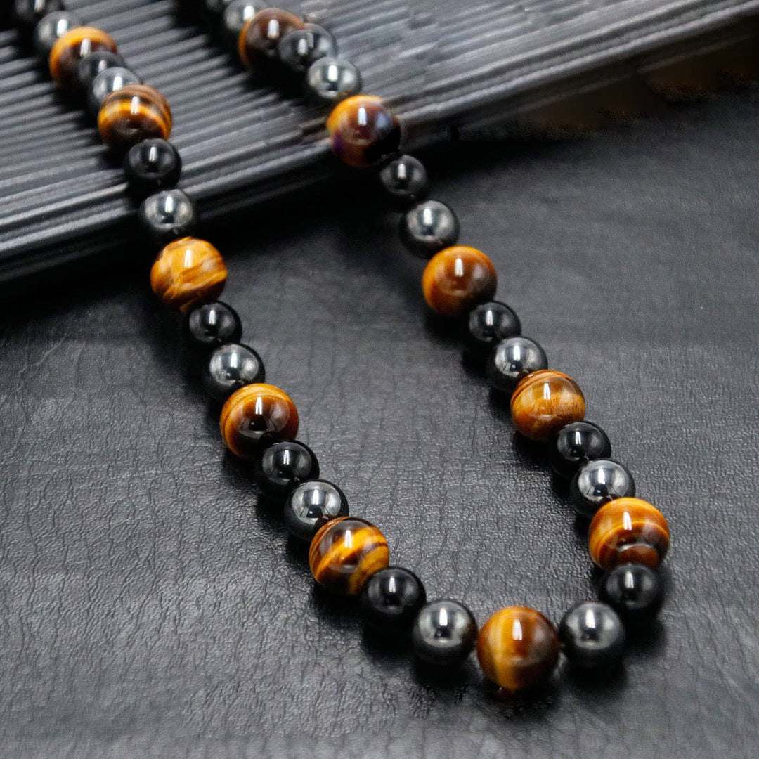 Collana di perle di ematite, occhio di tigre, ossidiana e cristallo curativo Olivenorma