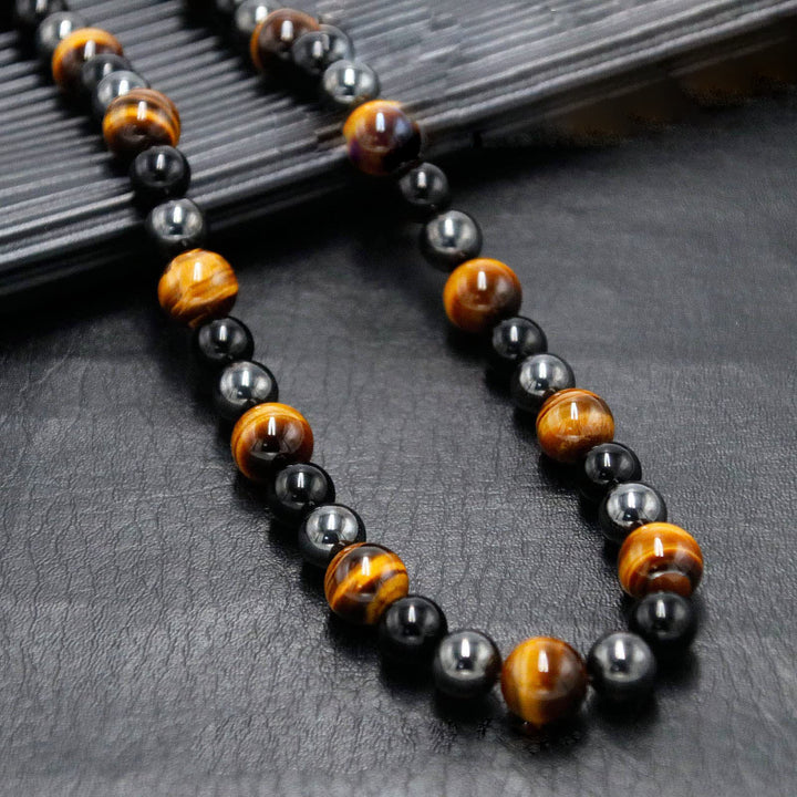 Collana di perle di ematite, occhio di tigre, ossidiana e cristallo curativo Olivenorma