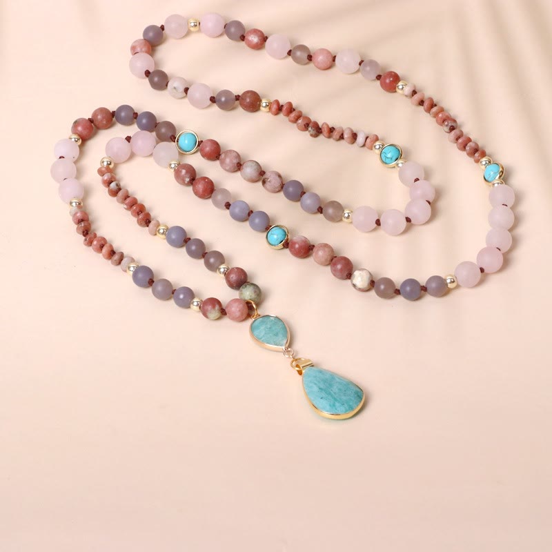 Collana con ciondolo a forma di freccia di preghiera Mala in quarzo rosa naturale 