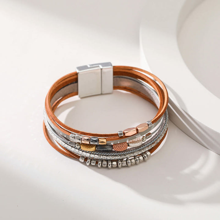 Bracciale in pelle a più livelli con foglia di zircone bianco ematite Olivenorma 