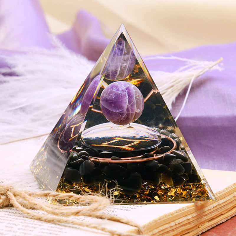 Sfera di ametista Olivenorma con piramide di orgone dello zodiaco Gemelli in ossidiana 
