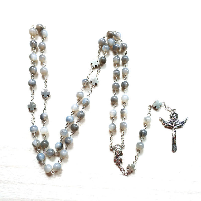 Collana rosario con croce di Gesù in argento e pietra di luna grigia Olivenorma 