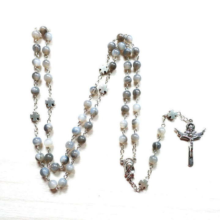 Collana rosario con croce di Gesù in argento e pietra di luna grigia Olivenorma 