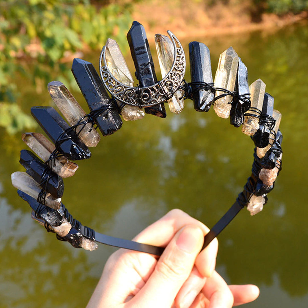 Cerchietto per capelli in quarzo ialino Olivenorma con corona di cristallo e luna in ossidiana