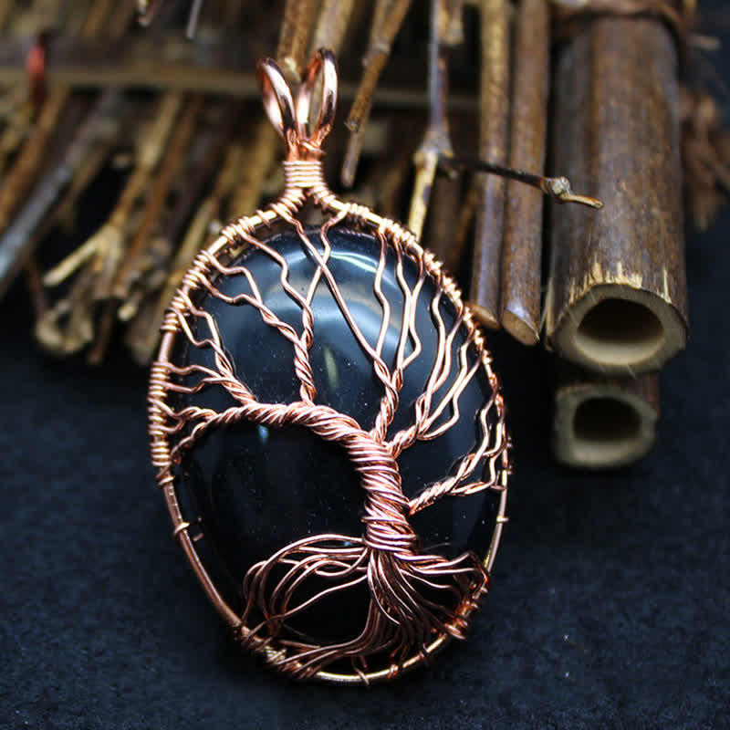 Collana con pietra preziosa ovale in occhio di tigre e albero della vita Olivenorma 