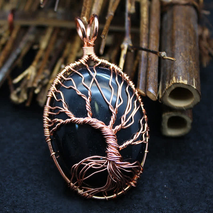 Collana con pietra preziosa ovale in occhio di tigre e albero della vita Olivenorma 