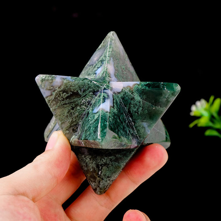Decorazione ornamentale in pietra preziosa Merkaba in agata muschiata naturale Olivenorma