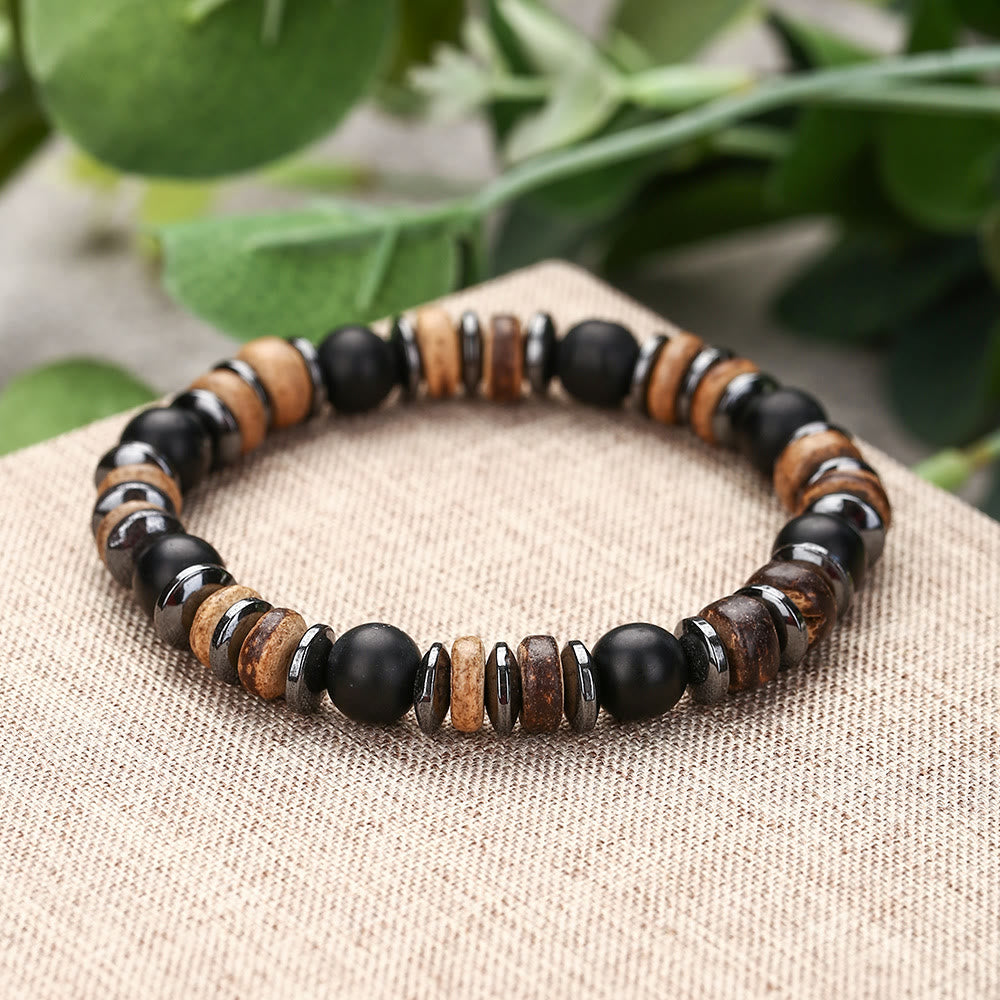 Bracciale Olivenorma in onice nero, ematite, bronzite, 8 mm, perline
