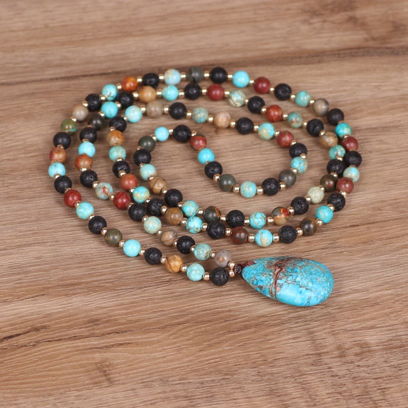 Collana di perline Mala con ciondolo a forma di goccia turchese Olivenorma