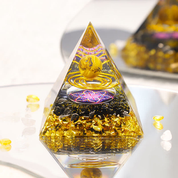 Sfera di Occhio di Tigre Olivenorma Cubo di Metatron Piramide Orgonica 