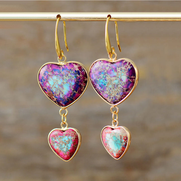 Olivenorma orecchini pendenti a doppio cuore in pietra dell'imperatore viola e rosso rosa