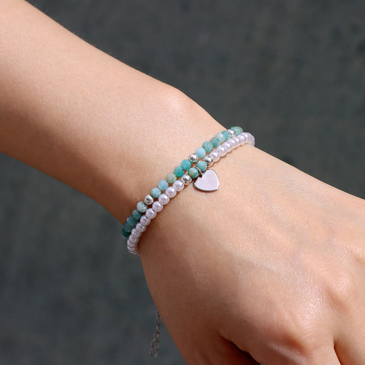 Olivenorma Bracciale Doppio Strato con Ciondolo a Cuore in Perla e Pietra Sfaccettata