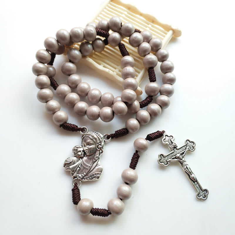 Olivenorma Collana con ciondolo a forma di croce della Vergine Maria in legno da 10 mm 