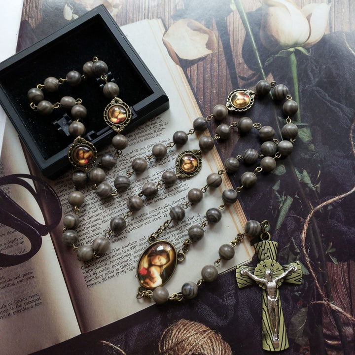 Olivenorma Collana con Croce e Rosario in Legno Nero con Medaglia Sacra 