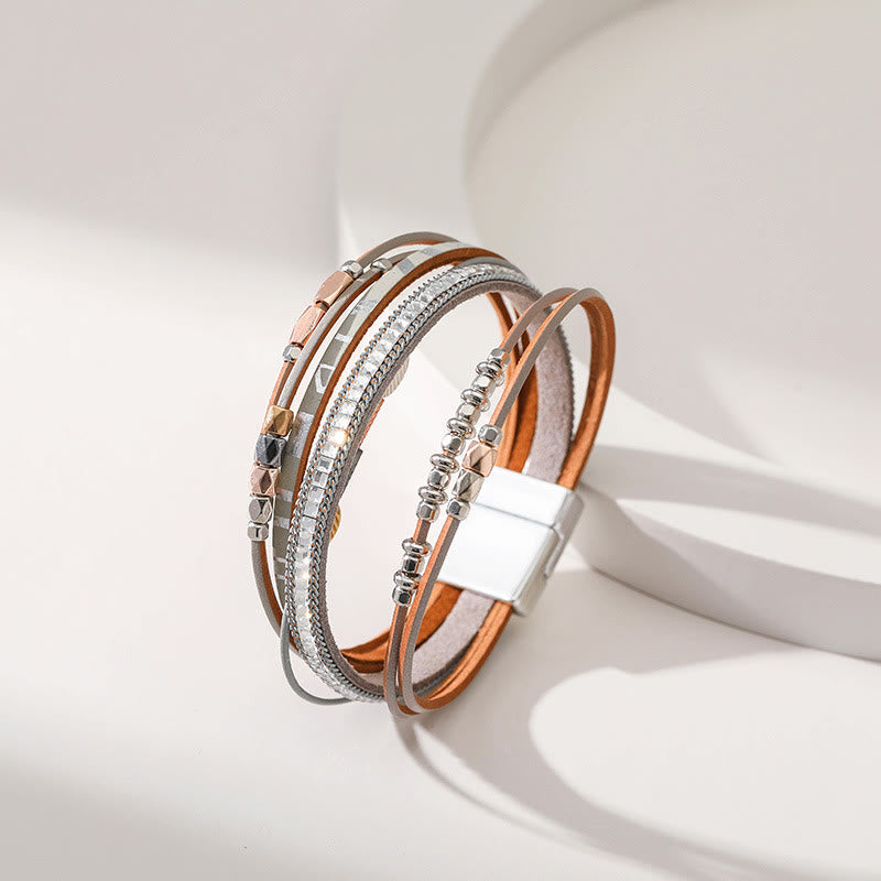 Bracciale in pelle a più livelli con foglia di zircone bianco ematite Olivenorma 