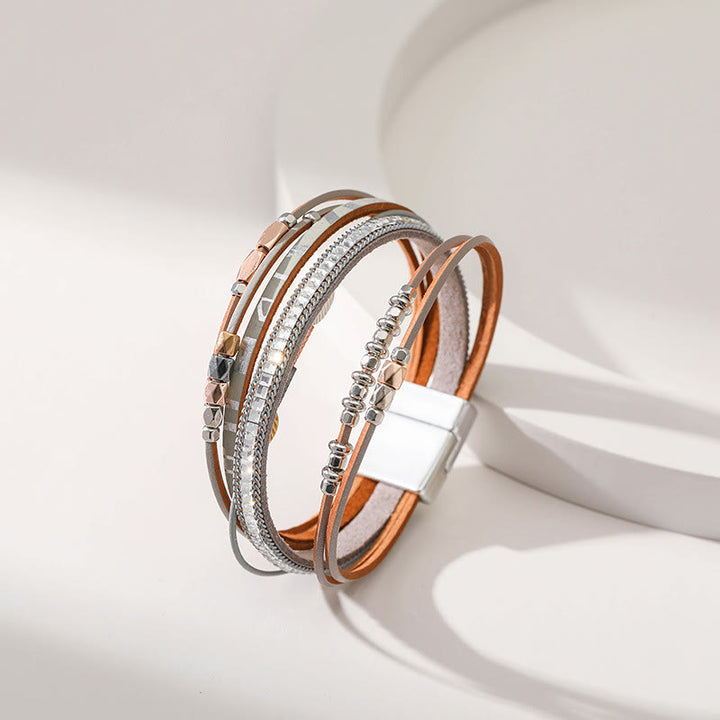 Bracciale in pelle a più livelli con foglia di zircone bianco ematite Olivenorma 