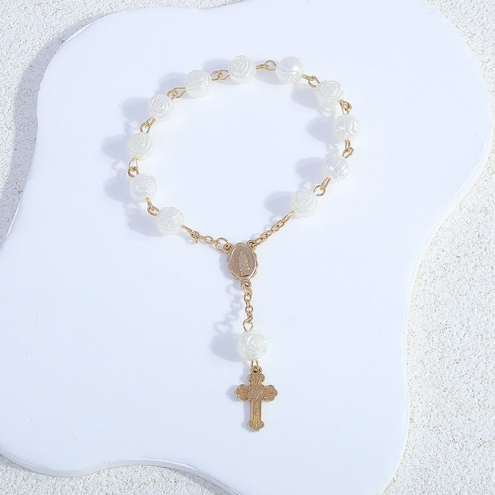 Olivenorma Braccialetto rosario con croce cristiana e fiore bianco 