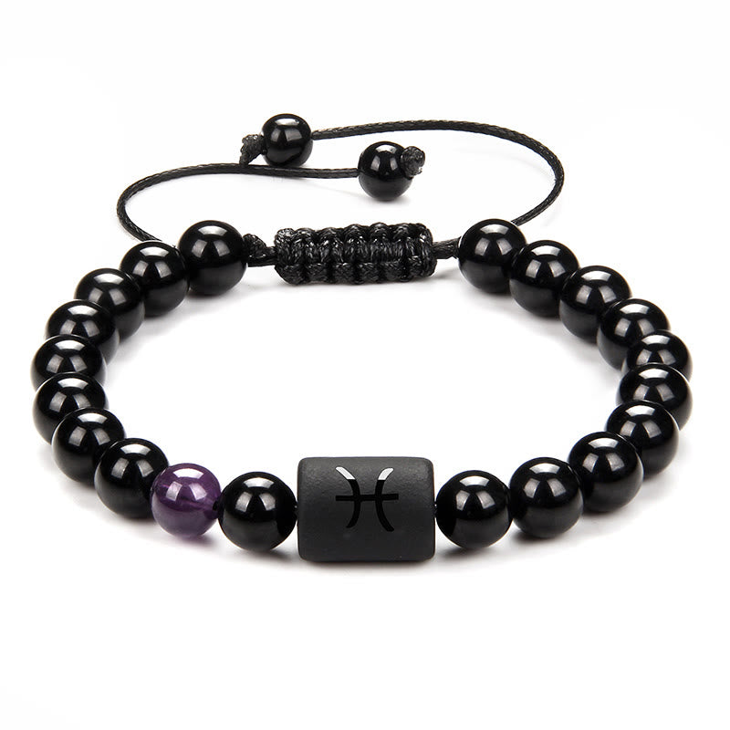 Olivenorma Bracciale intrecciato da uomo con zodiaco in onice nero naturale