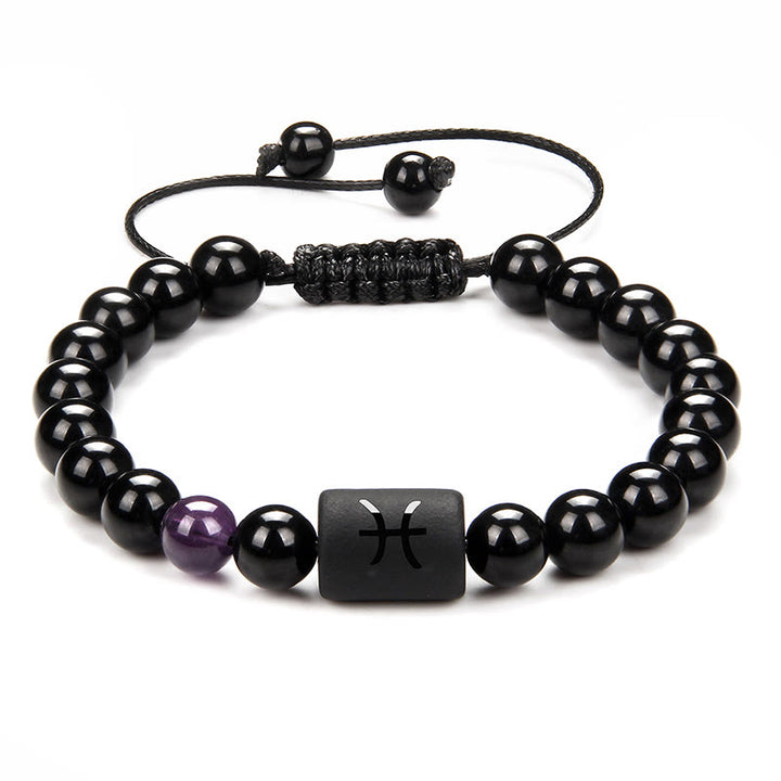 Olivenorma Bracciale intrecciato da uomo con zodiaco in onice nero naturale