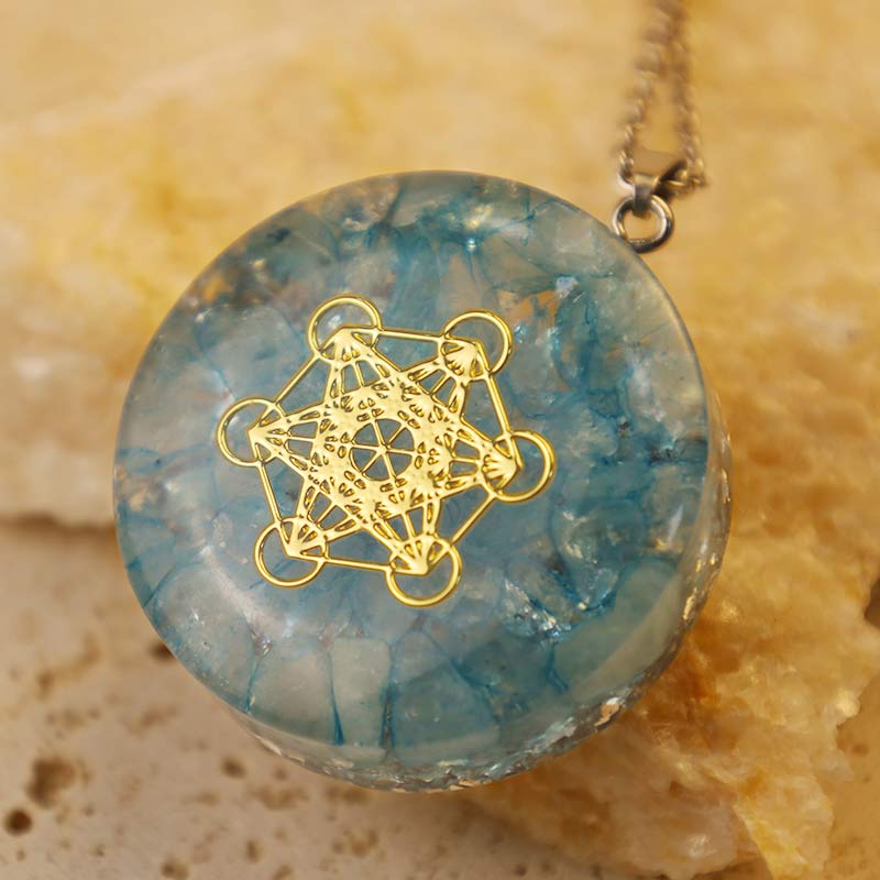 Collana energetica del cubo di Metatron in acquamarina