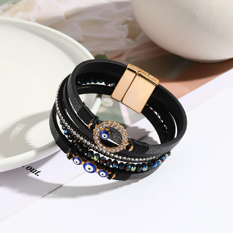 Olivenorma Braccialetto largo in pelle di metallo con zircone bianco Boho Evil Eye