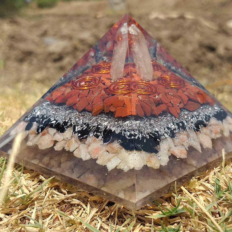 Olivenorma Pilastro di cristallo trasparente con piramide di orgone in pietra del sole