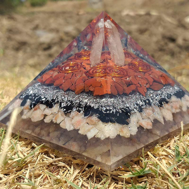 Olivenorma Pilastro di cristallo trasparente con piramide di orgone in pietra del sole