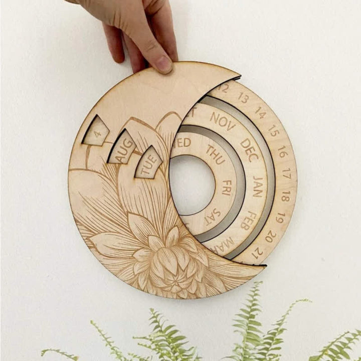 Olivenorma Circle Calendario perpetuo in legno a forma di mezzaluna, decorazione da parete