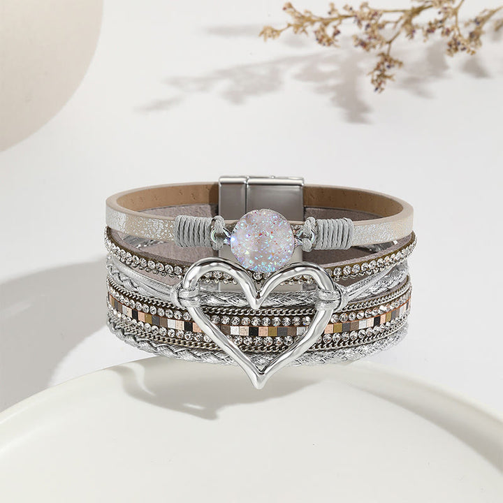 Olivenorma Bracciale in pelle intrecciata con cuore metallico e cristalli multicolori 