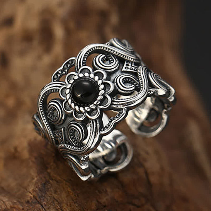 Anello regolabile con motivo etnico in onice nero Olivenorma