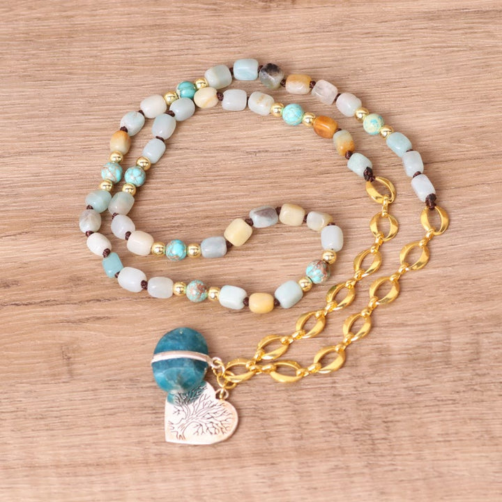 Collana Mala con ciondolo a forma di cuore con perline di pietra irregolare Olivenorma