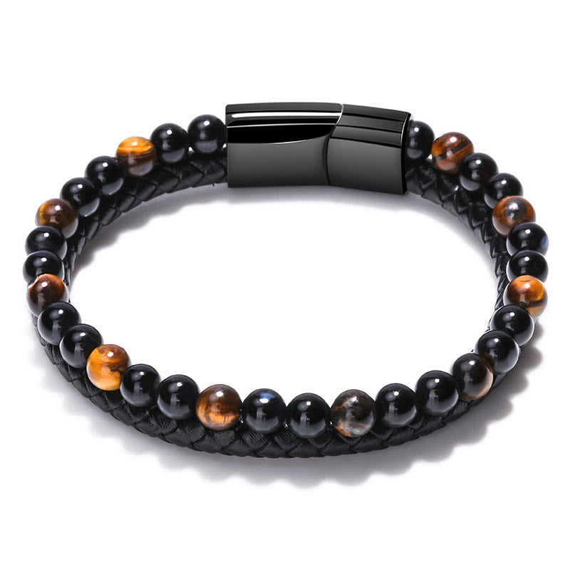 Olivenorma Bracciale da uomo in pelle con perline a due strati - Occhio di tigre - 23 centimetri - image 1