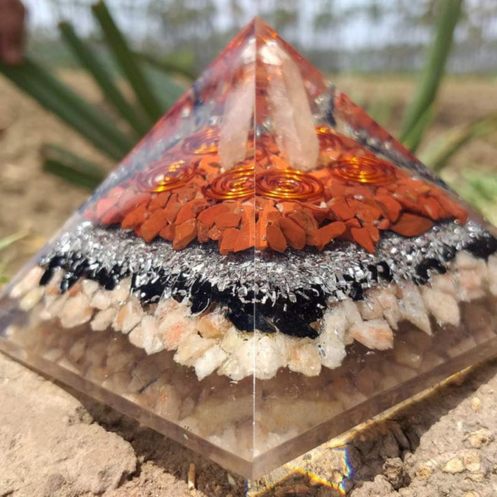 Olivenorma Pilastro di cristallo trasparente con piramide di orgone in pietra del sole