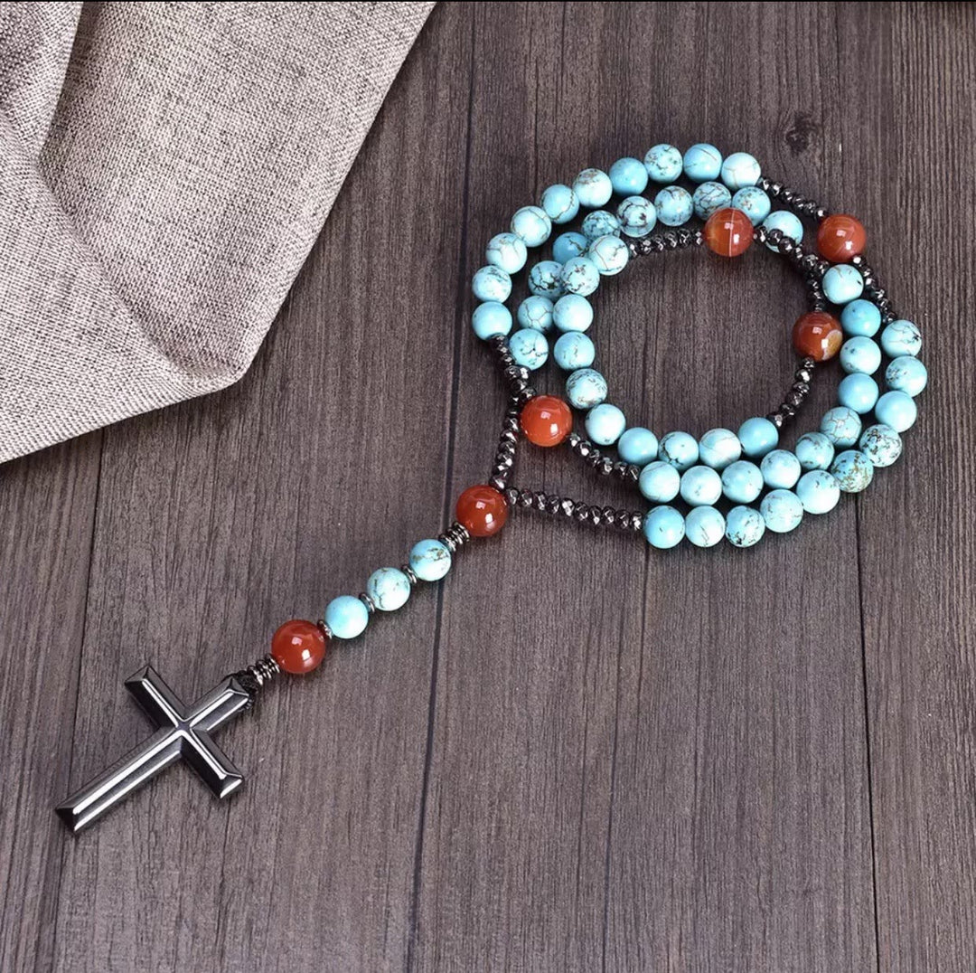Collana con ciondolo rosario in pietra naturale cattolica Olivenorma Cross