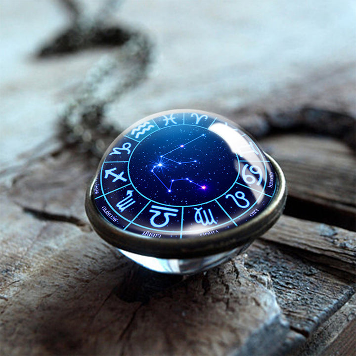 Olivenorma Collana con globo in vetro bifacciale con 12 stelle dello zodiaco