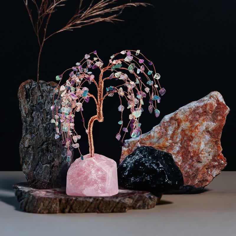Foglie di fluorite Olivenorma Base in quarzo rosa Albero Feng Shui 
