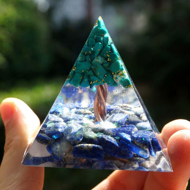 Olivenorma Lapislazzuli con piramide di orgone albero della vita turchese 