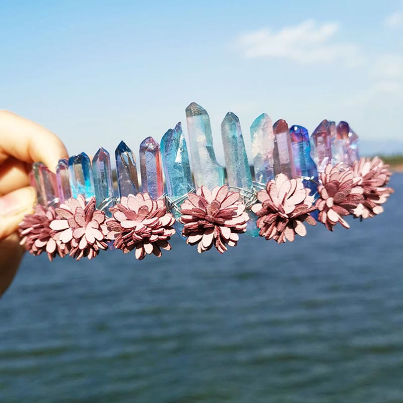 Olivenorma Tiara di fiori con corona arcobaleno in cristallo naturale