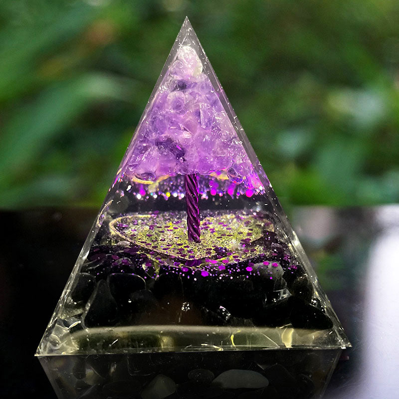 Sfera di ametista Olivenorma con piramide di orgone di ossidiana 