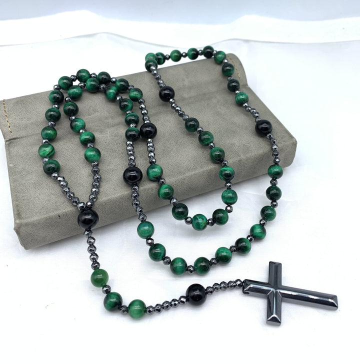 Collana rosario da uomo con croce in lapislazzuli e occhio di tigre Olivenorma