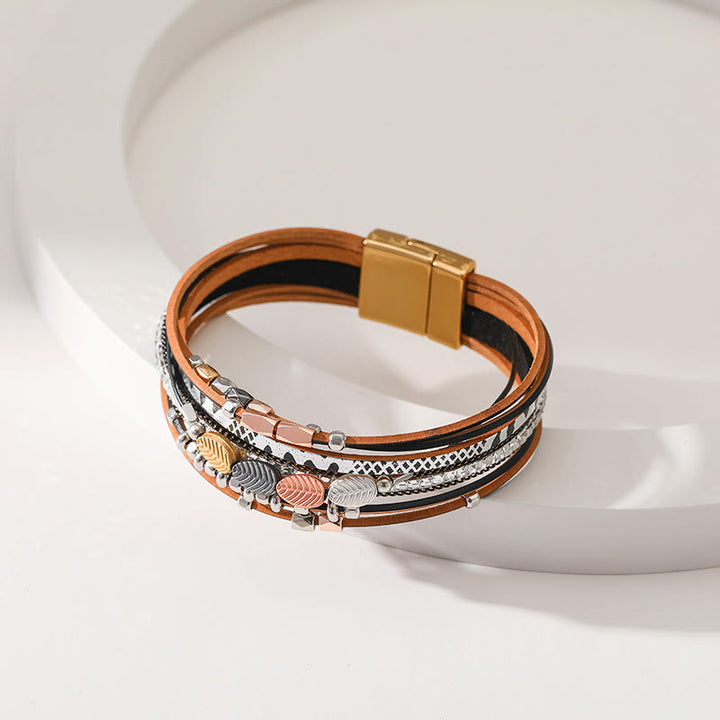 Bracciale in pelle a più livelli con foglia di zircone bianco ematite Olivenorma 