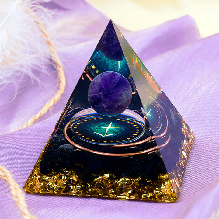 Sfera di ametista Olivenorma con piramide di orgone dello zodiaco Sagittario in ossidiana 